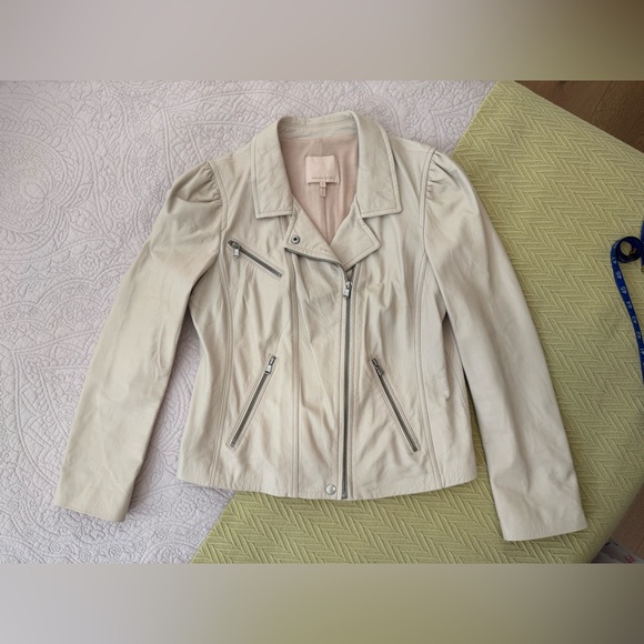 Rebecca Taylor ivory puff sleeve leather biker jacket size XL - Picture 2 of 15